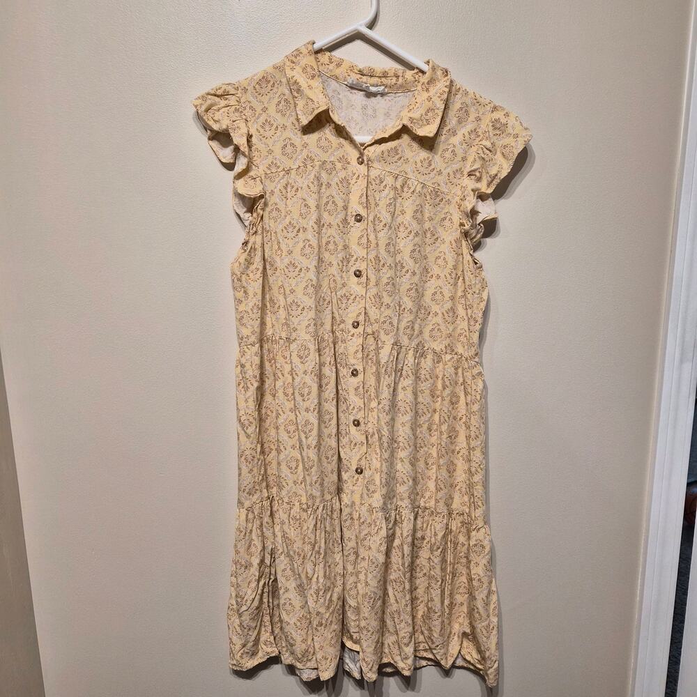 Lucky Brand Medium Knee Length Full Button Yellow Floral Dress Cottagecore